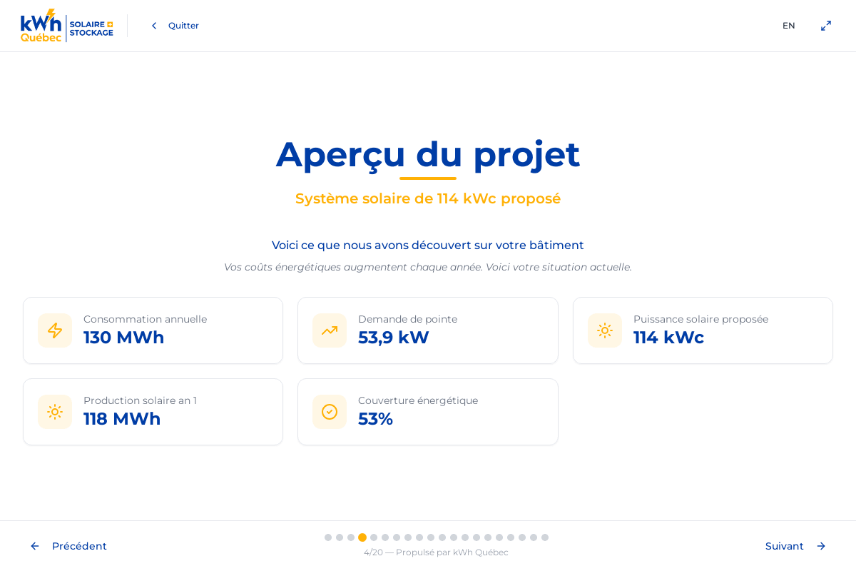 Aperçu du projet solaire avec consommation, demande de pointe et puissance proposée – DEMO Auto Prestige