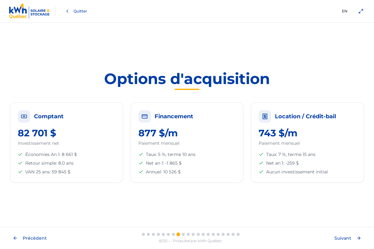 Options d'acquisition solaire : comptant, financement et crédit-bail avec détails des coûts – DEMO Auto Prestige